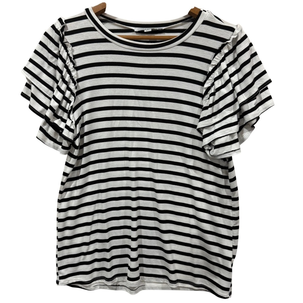 Green Envelope Los‎ Angeles Striped Ruffle Flutter Sleeve Top Black White Small